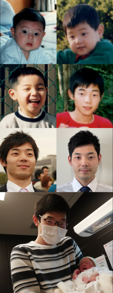 原田崇臣さんの成長過程を示す6枚の写真、幼少期から現在までの変化が見られる。